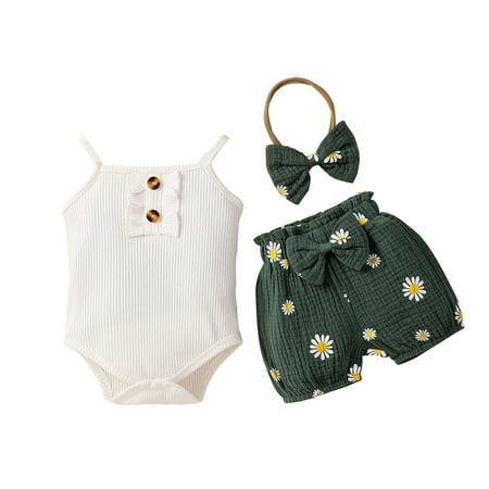 

Baby Girls Ribbed Ruffled Suspender Romper+Floral Daisy Bow Short Outfit