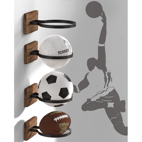 YIGII Wall Mount Basketball Holder, 4 Pcs Ball Storage Holders Display Rack for Autograph Basketball, Football, Volleyball