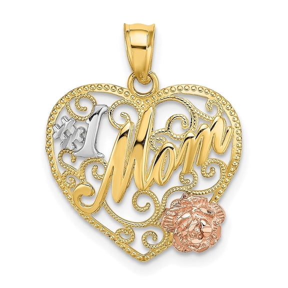Diamond2Deal 14K Two Tone Gold #1 MOM Heart Pendant for Women (L- 0.9 in, W- 0.69 in)