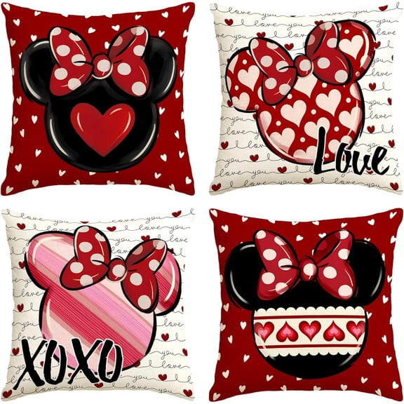 Valentines Day Pillow Covers Set of 4 Galentines Day Throw Pillow Cases Pink Cartoon Mouse Decor Valentines Day Decorations for Home Party