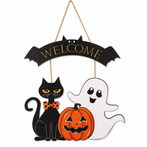 Halloween Decoration Wooden Ghost Door Sign for Front Door Pumpkin Black Cat Happy Halloween Wall Sign Hanging for Home