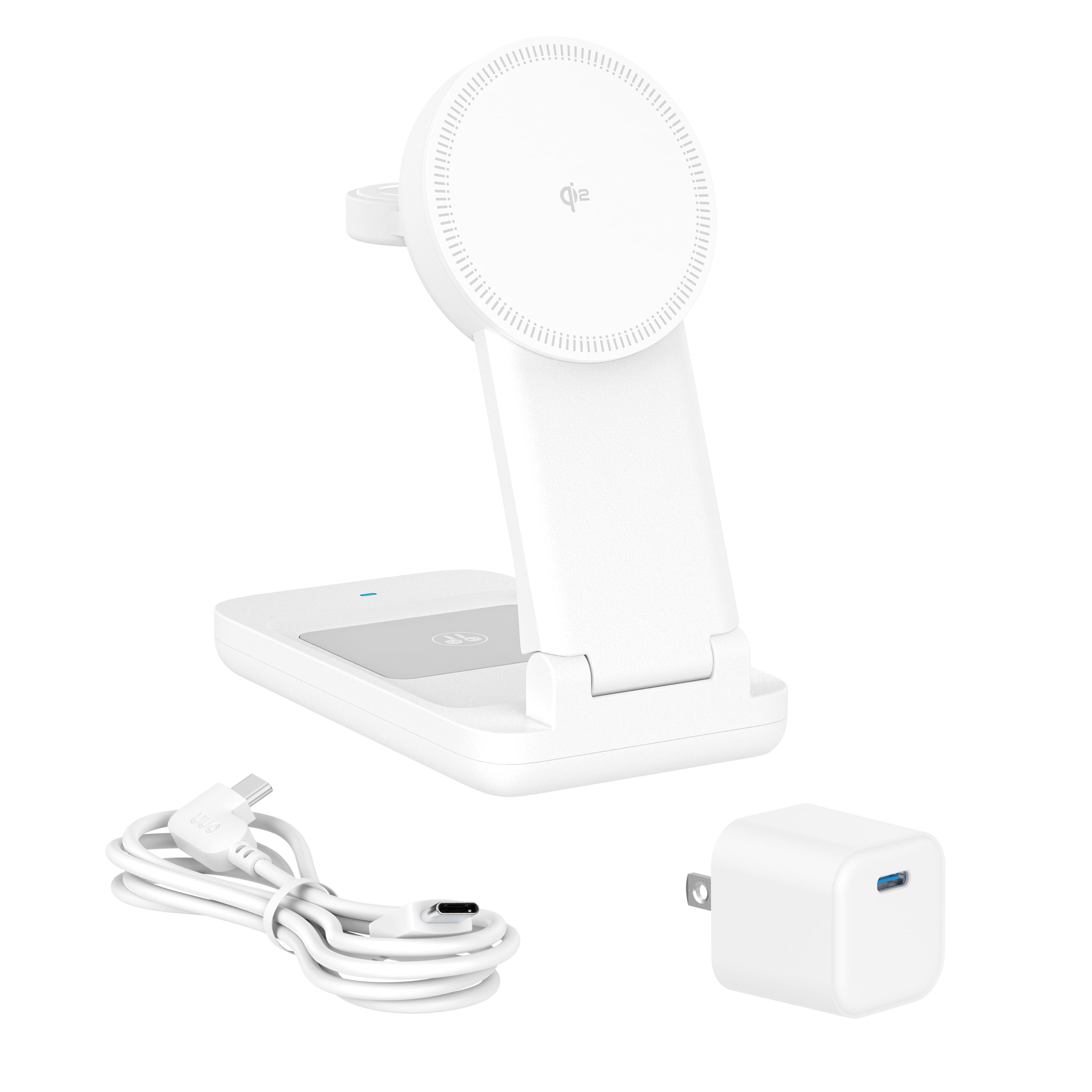 onn 3-in-1 Qi2 Certified Wireless Charging Stand – Foldable Design with Wall Adapter & Cable – Compatible with iPhone 17/16/15/14/13/12, Samsung Galaxy S23/S22, Pixel, AirPods & Apple Watch – White