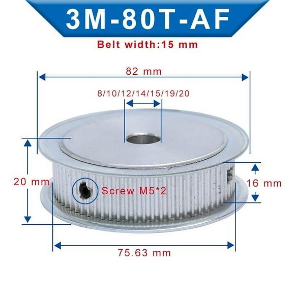 3M-80T Pulley AF Shape Bore 8/10/12/14/15/19/20 mm Aluminum Material pulley wheel Slot Width 16mm For 3M Timing Belt Width 15mm ,Easy Installation