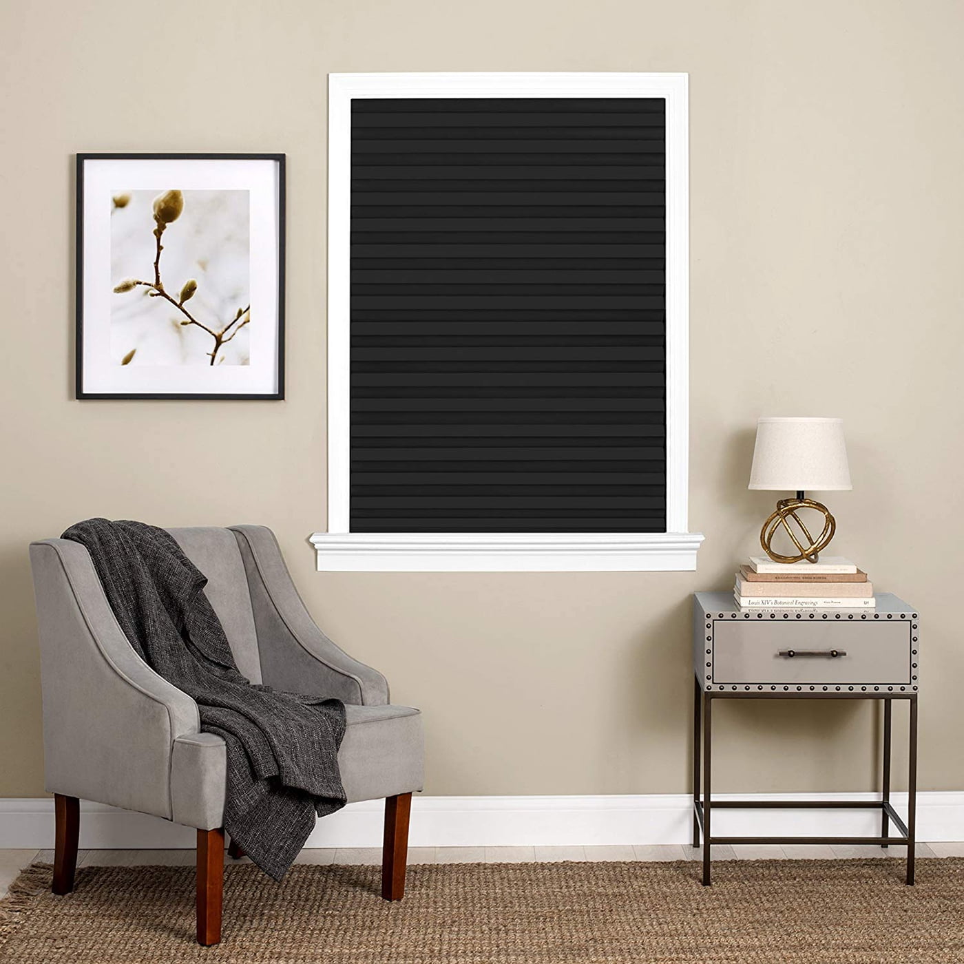 PowerSellerUSA Pleated Window Shades, Window Blinds Room Darkening Blinds 1" Slats Vinyl Window Blinds Cordless Push-Pull Mini Blind, Anti-UV Window Coverings, Fits Windows 75"L x 48"W, Black