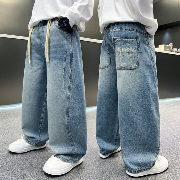 LRen Boys Baggy Jeans High Waisted Elastic Waist Wide Leg Denim Pants Boy Loose Casual Baggy Fashion Trousers Streetwear with Pockets,Multicolour,8-9 Years
