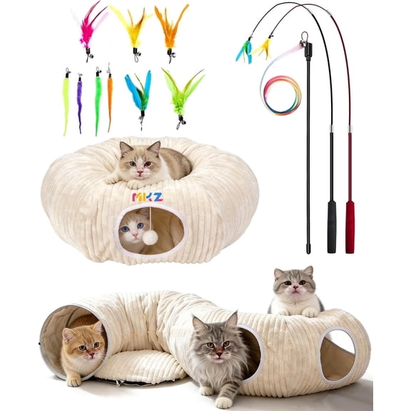 Cat Tunnel with Cat Bed 2 in 1 Collapsible Plush Play Tunnel for Cats Kittens Large Space Interactive Pet Hideaway with Removable Cushion