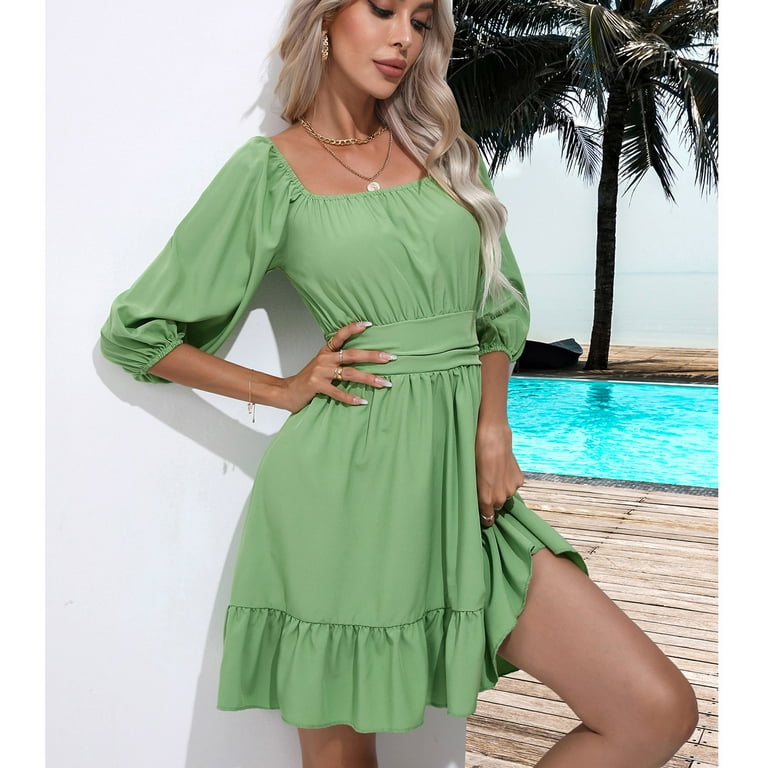box sleeve design dress Cbazaar Women's Dresses and Gown | Green Box Pleated Knee Length Dress | Turquoise | Chic Style | Classic Neck Style