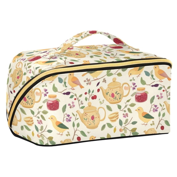 FORMRS Makeup Bag Travel Cosmetic Organizer for Women Fold Flat Zipper Pouch with Handle, Birds Tea Time