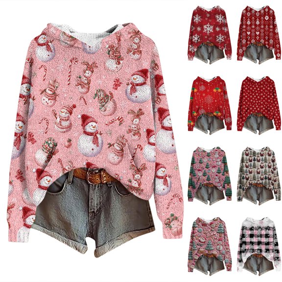Women's Fashion Casual Long Sleeve Christmas Print Hooded Knitted Sweatshirt, Cozy Fall Winter Top with Soft Fabric and Holiday Design for Seasonal Comfort,Deep Red,L