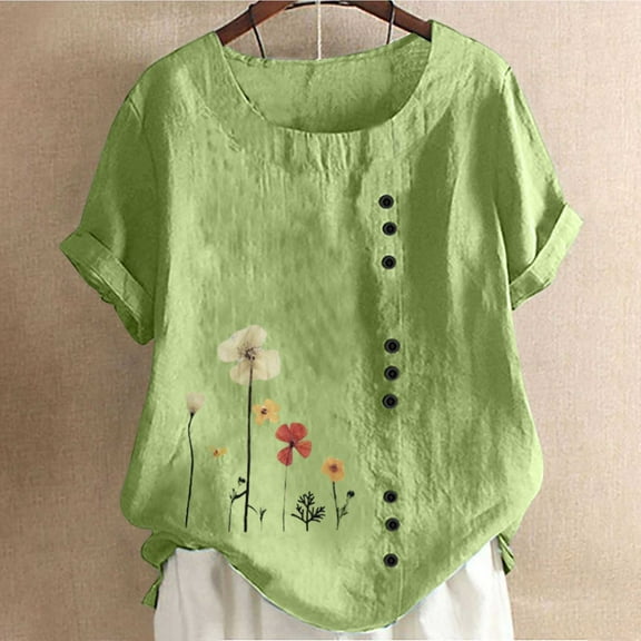Weiqiqre Women's Summer Round Neck Flower Plus Size Tops Casual Loose Fitted Button New Arrival Womens Fashion Shirt Tops S-5XL