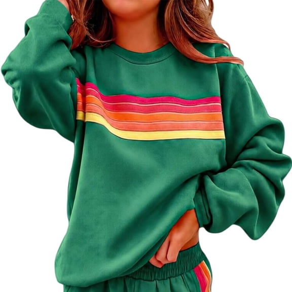 Sahpxhe Sweatshirt for Women Crew Neck Vibrant Rainbow Stripe Loose Pullover Tops Casual Trendy Athletic Sport Outerwear Green XL