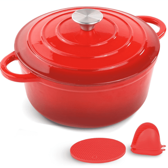6 Quart Enameled Cast Iron Dutch Oven Pot with Lid and Silicone Accessories, Oven Safe up to 500°F or on Stovetop, Non-stick Dutch Oven for Bread Baking, Cooking, Dual Handles Cookware, Red