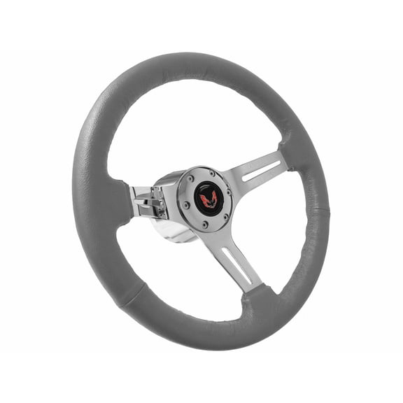 1969-1989 Pontiac Firebird; VSW 6 Bolt Gray Leather Wrapped Steering Wheel Chrome Kit, Red Emblem