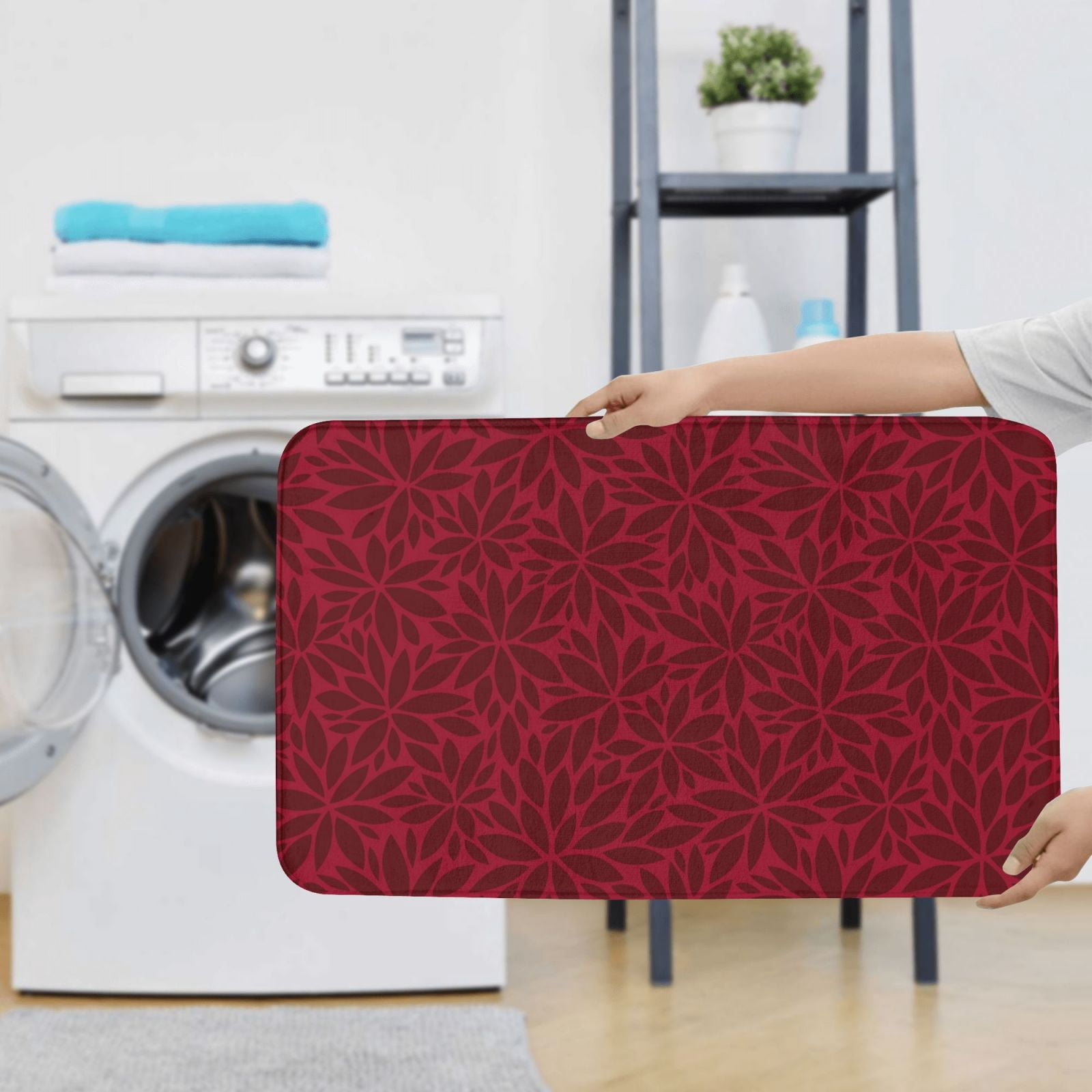 Bathroom Rugs Sets 3 Piece - Burgundy Floral Absorbent Non Slip Bath Mats, U-Shape Toilet Lid Cover, Contour Mat, Soft Washable Shower Mats Bath Rug Mat for Bathroom Tub Toilet