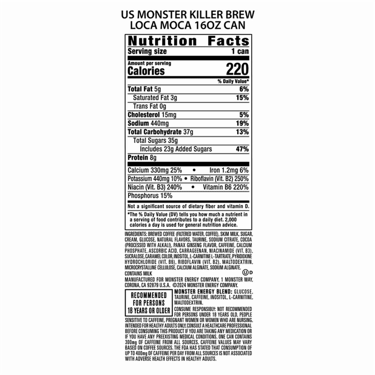 3 Pack- Java Monster Killer Brew, Loca Moca, Coffee + Energy Drink, 15 fl oz can