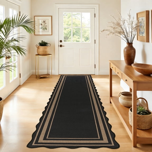 MeyJey 2'x8' Runner Rug for Hallway, Washable Kitchen Rugs Non Slip Solid Tan Jute Scalloped Indoor Carpet for Entryway Laundry Room Floor Mats