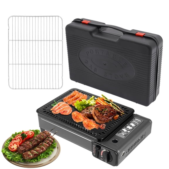 Miumaeov Portable Butane Stove with Grilling Net & Case, Compact Tabletop Gas Grill for Camping BBQ, Outdoor Cooker with Adjustable Heat