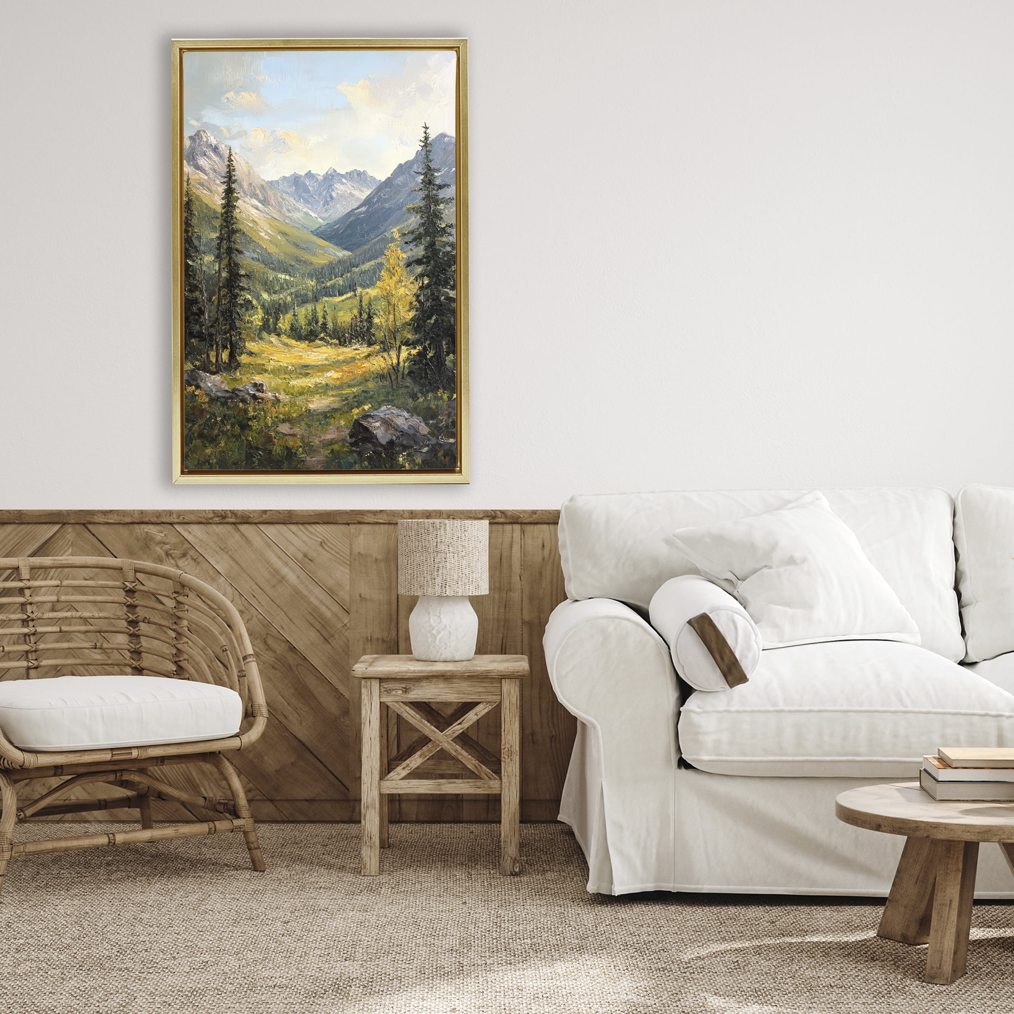 Stupell Industries Mountain Refuge in Golden Valley Gold Framed Floater Canvas Wall Art, design by Petal Prints Design