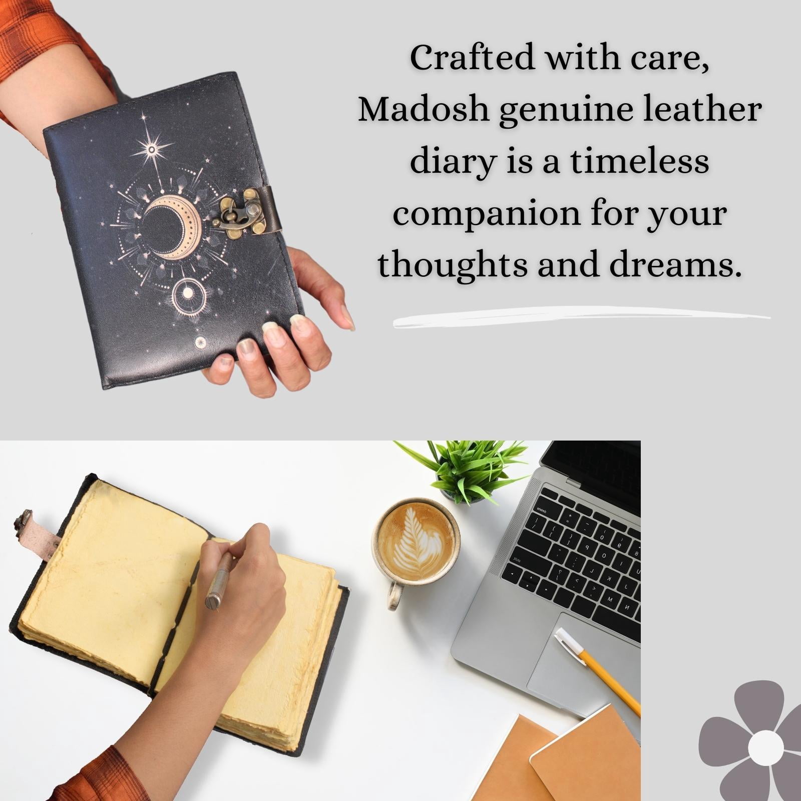 Mystic Moon Black Leather Journal – Handmade UV Printed Celestial Diary with Antique Lock | 7x5 Unlined Deckle Edge Sketchbook & Writing Notebook