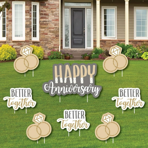Big Dot of Happiness Happy Anniversary - Yard Sign and Outdoor Lawn Decorations - Gold and Silver Wedding Anniversary Yard Signs - Set of 8