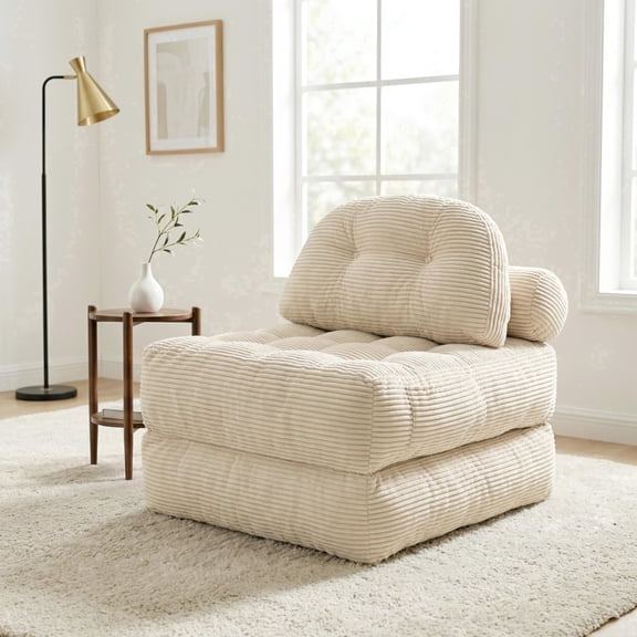 EYYTHUNG Beige Folding Sofa Bed, Convertible Boneless Floor Chair with Dual Pillow & Handle, Foldable Lounge Chair with Back Support for Living Room, Apartment, Single Seater, Convertible