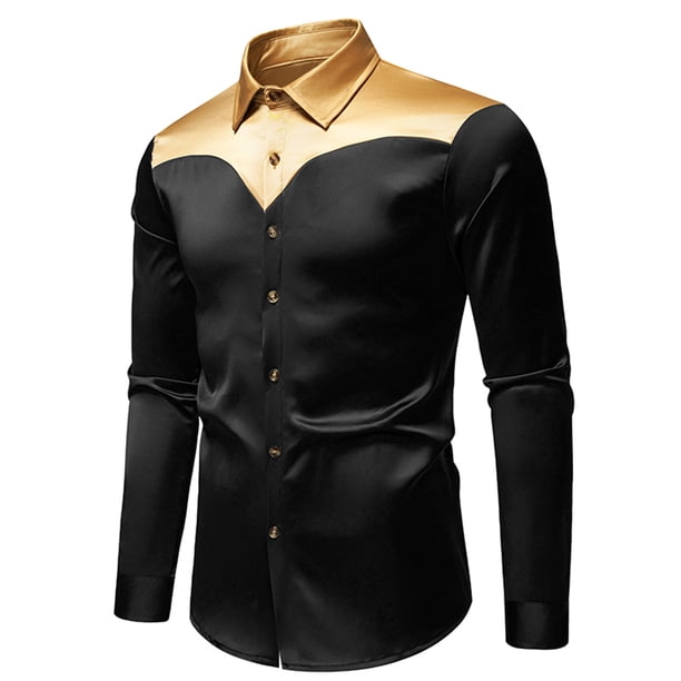 Blusa y camisa de manga larga con cuello vuelto para hombre, blusa informal de moda con botones y retazos, blusa de manga larga con cuello vuelto, blusa de poliéster para hombre