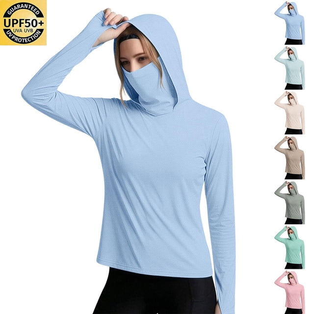 Craaazy Chandails à Capuchon pour Femmes Sun Protection UPF 50+ à Manches Longues avec Couvre-Visage Intégré et Trous pour les Pouces pour Porter à l'Extérieur