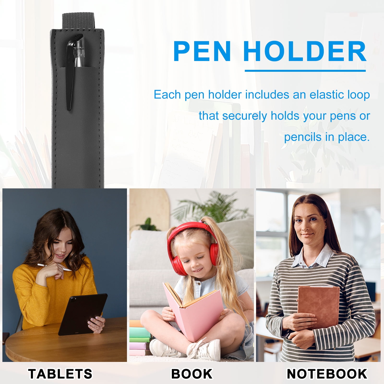 Unique Bargains Adjustable Pen Loop Holder Pencil Sleeve with Elastic Strap Black