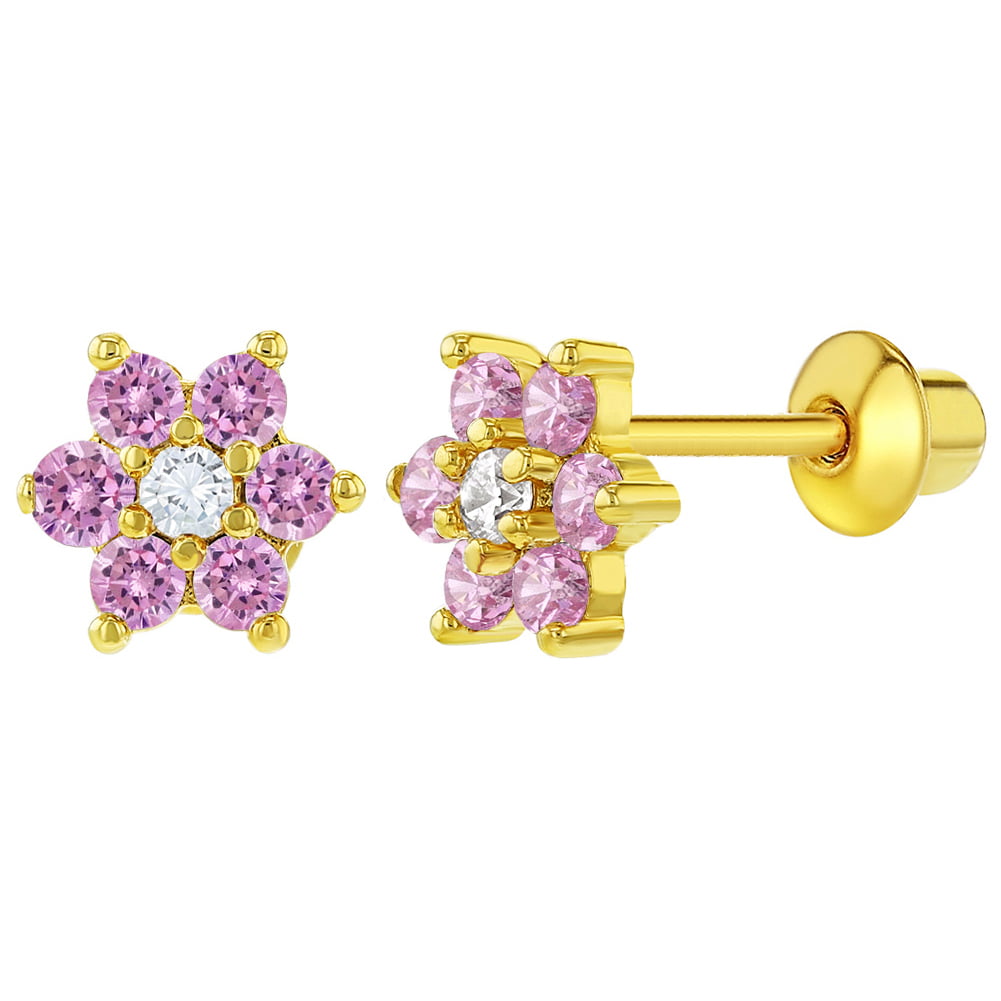 Kids 14K Yellow Gold Earring With Round Pink Topaz Screw Back For Baby/Ladies 
