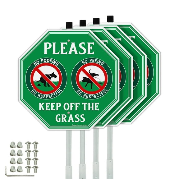 Faittoo No Peeing No Pooping Dog Sign with 36" Stake for yard 4-Pack 12"x12"Reflective Aluminum Keep off The Grass Sign