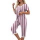 thumbnail image 3 of Qucoqpe - Conjuntos de pijama cómodos para mujer, con cuello en V y manga corta, pantalones anchos con estampado de rayas, estilo capri holgado, 3 of 5