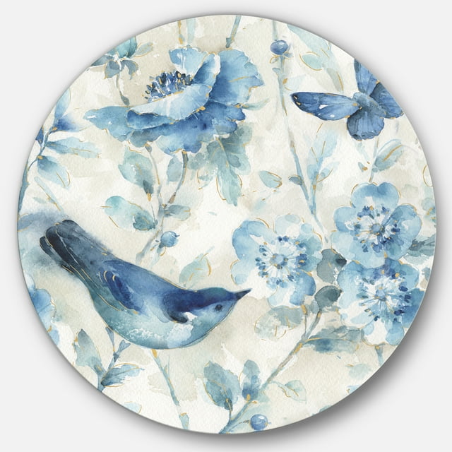 Designart 'Indigold Bird Cottage Family II' Farmhouse Metal Circle Wall Art