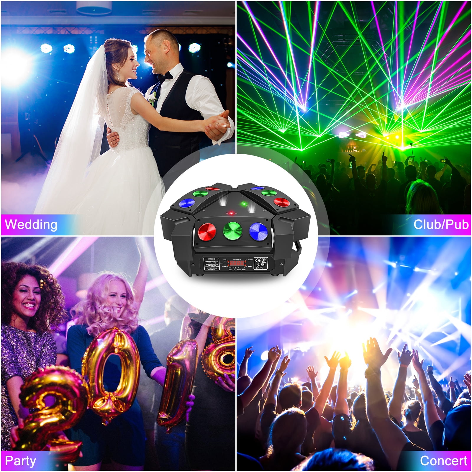 2Pack Mini Spider Moving Head Lights, 9 RGB LED DMX512/Sound Active for DJ Party Wedding Stage