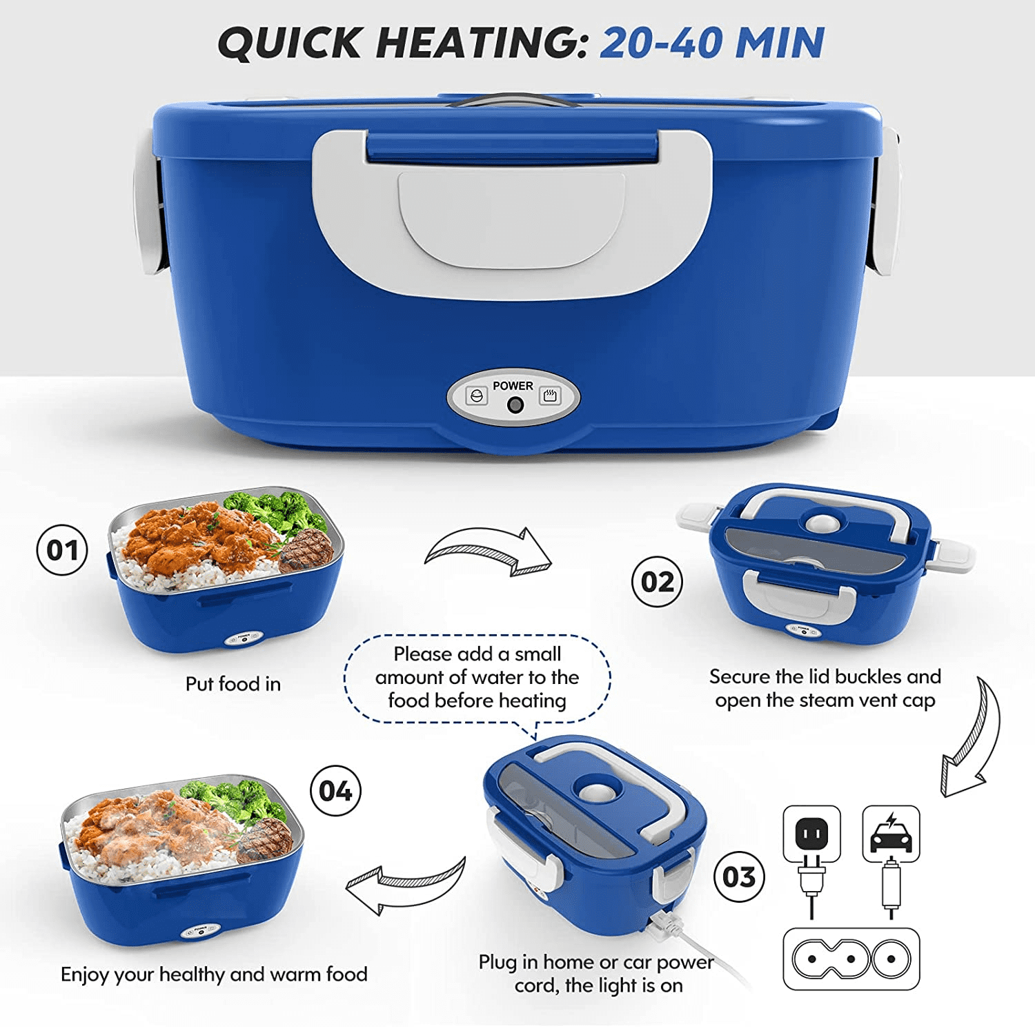 COCOBELA Electric Lunch Box Food Heater 2-In-1 Portable Food Warmer Lunch Box for Car & Home – Leak proof, 2 Compartments, Removable 304 Stainless Steel Container, SS fork & spoon and Carry Bag