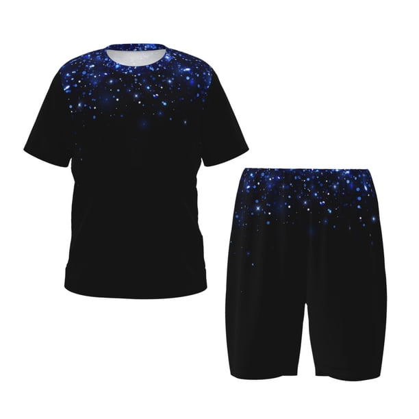 Balery Black Blue Glitter Sparkles Conjunto de Pijama Infantil de Manga Corta con Estampado – Ropa de Dormir de Algodón Suave-X-Large