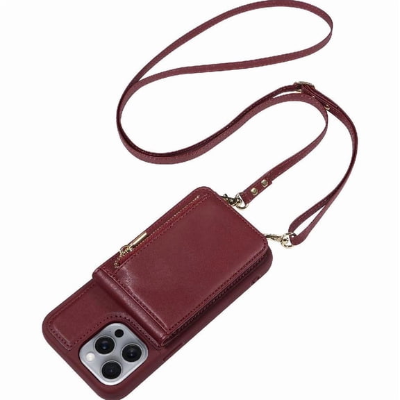 Wallet Phone Case for iPhone 16 Pro Max w/ RFID Block, Crossbody Strap & Kickstand Red