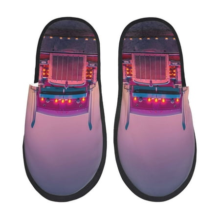 

Disketp Sunset Truck Highway Fuzzy House Memory Foam Slippers Furry Fur Lined Bedroom Shoes Cozy Indoor-Medium