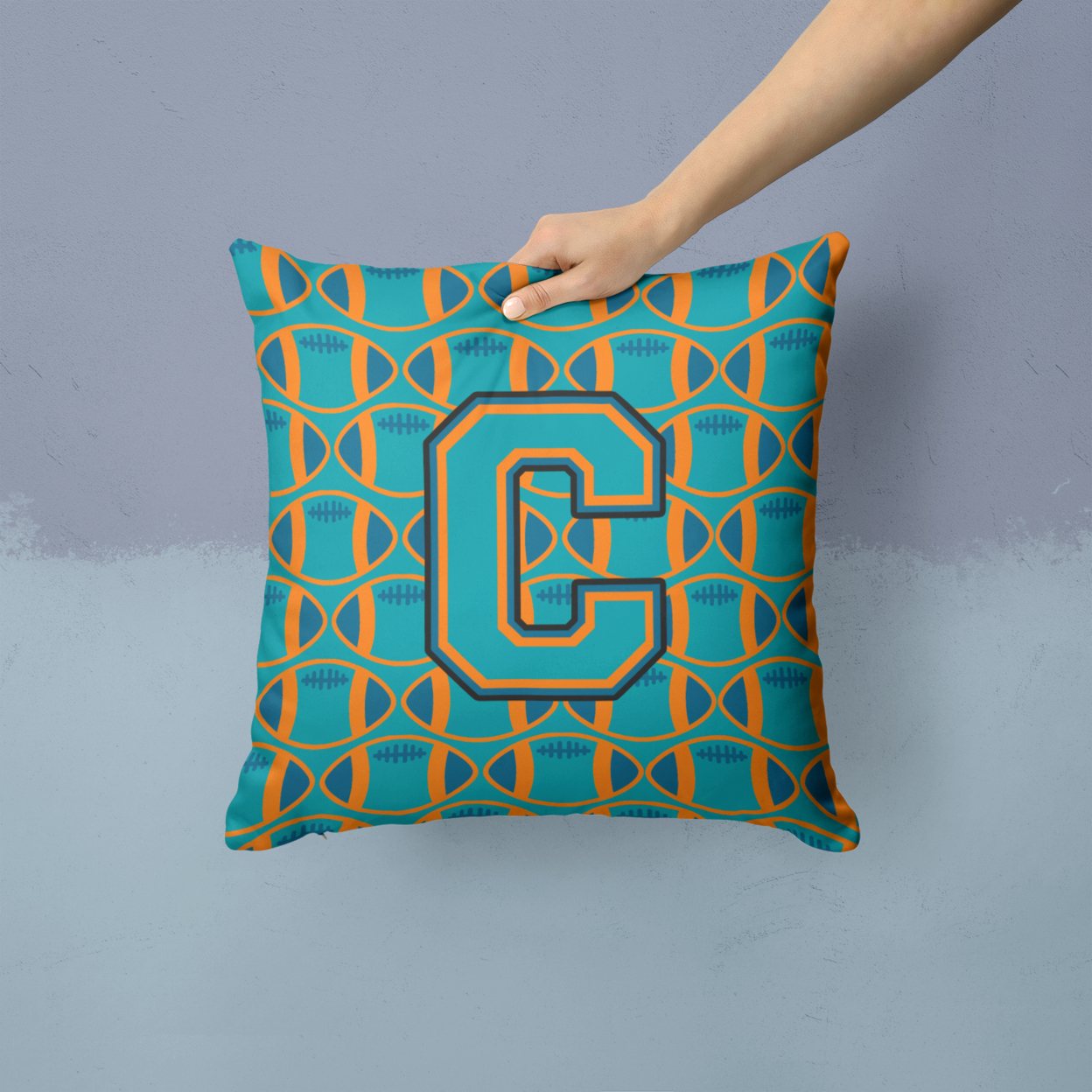 Letter C Football Aqua, Orange and Marine Blue Fabric Decorative Pillow