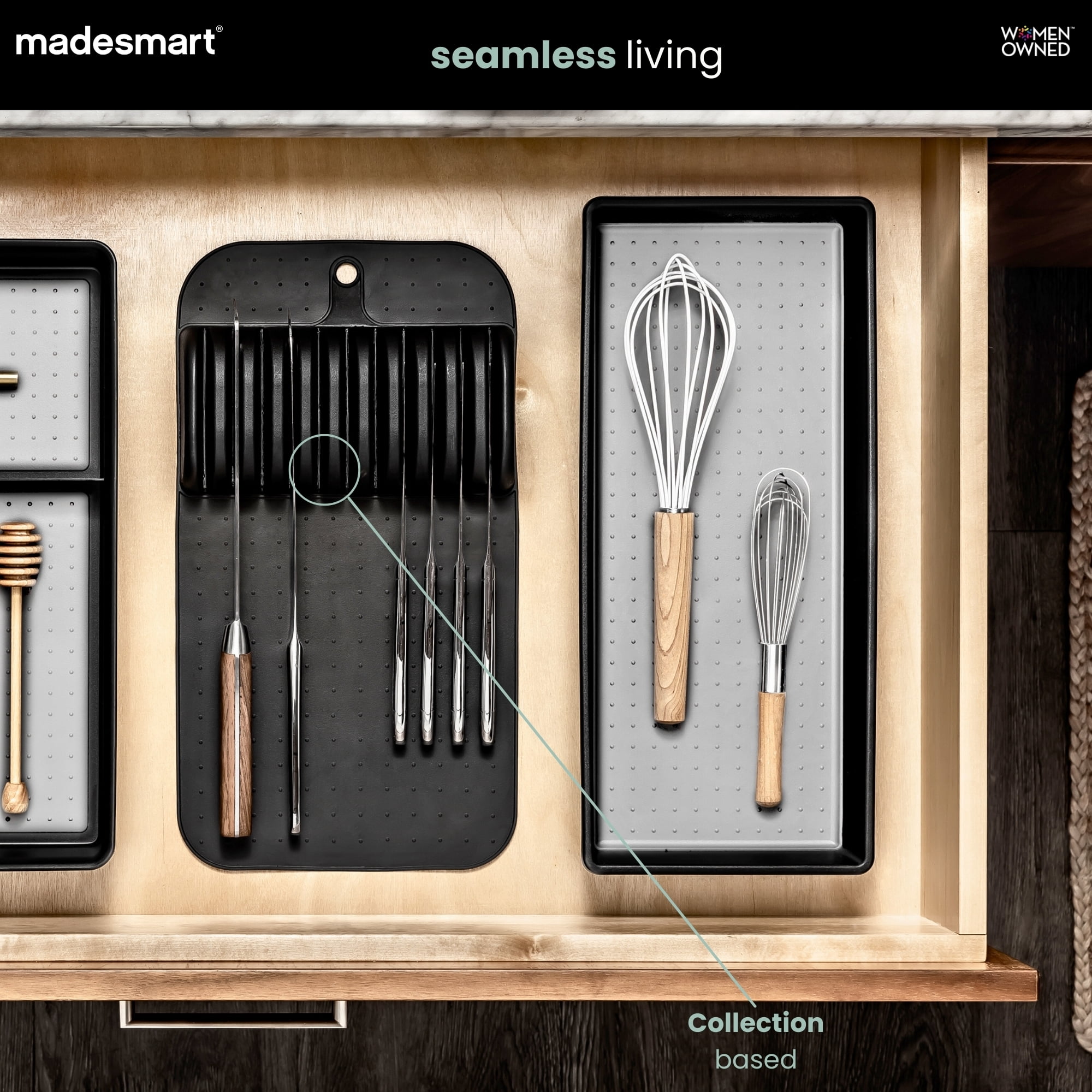 madesmart Small Knife Mat, Rubberized Grip, Non-Slip, 5-Knife, Carbon