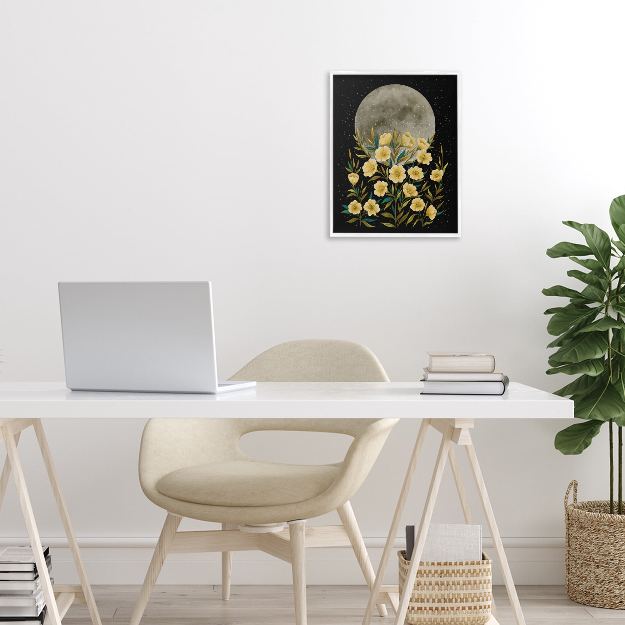 Stupell Industries Moon Greeting Yellow Flowers White Framed Giclee Art, design by Episodic Drawings