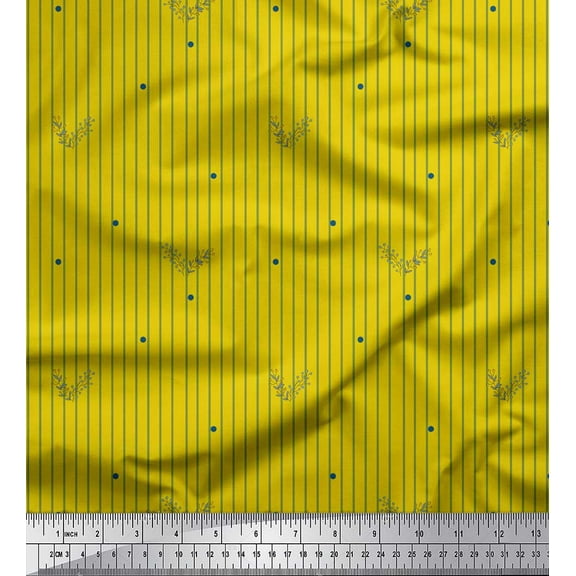Soimoi Yellow Cotton Voile Fabric Dot & Leaves Stripe Printed Craft Fabric by the Yard 42 Inch Wide