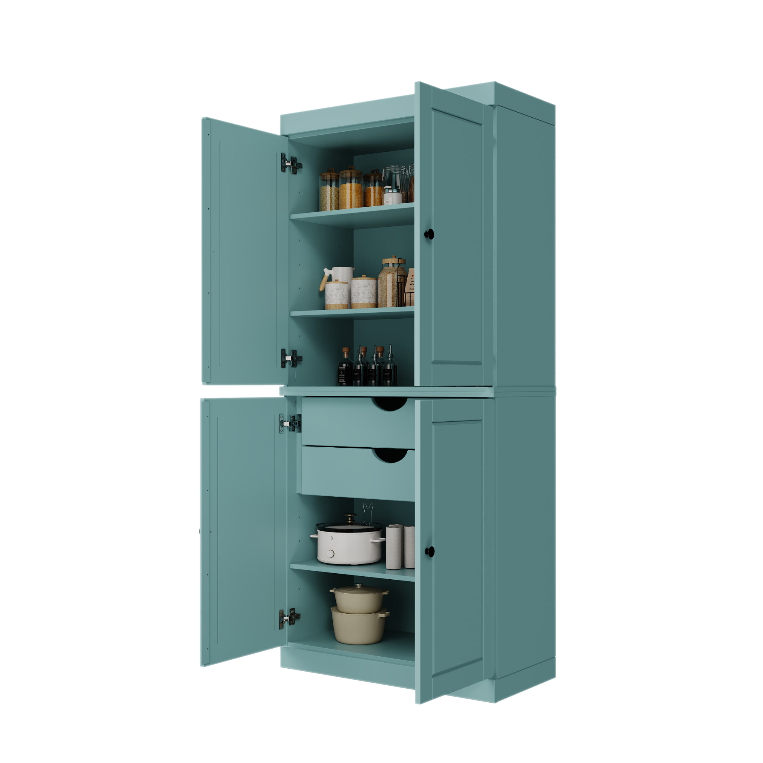 Palace Imports 100% Solid Wood Kitchen Pantry Storage Cabinet with Doors, Adjustable Shelves and 2-Drawers, Aqua Blue