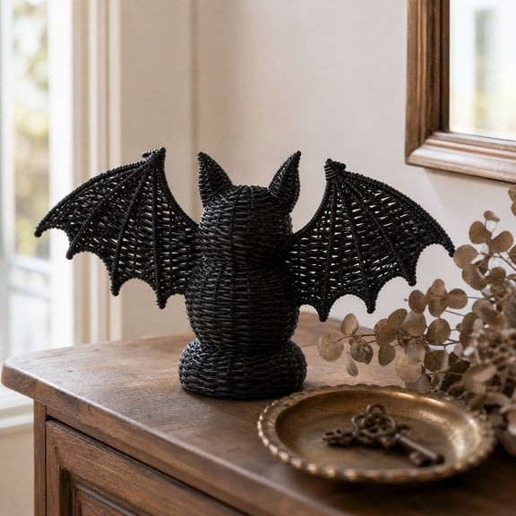 Halloween Decorations Woven Bat Figurine Tabletop Decor Handmade Rattan Style Black Wicker Spooky Boho Home Mantel Shelf Ornament