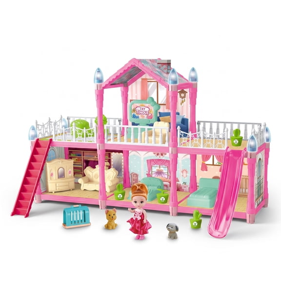 Princess Dream Villa Doll house Playset, 115 PCS 2-Story Pink Doll House with Slide, Stairs, Doll & Pet Figures, Pretend Play Toy Gift for Girls Ages 3