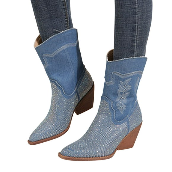 LSLJS Fall/Winter Rhinestone Pointed Mid Length Thick Heeled Boots Blue Denim Women's Boots, Women's Wedges Mid Calf Boots on Clearance