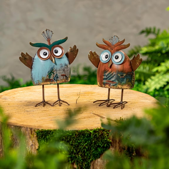 Garden of Wonder Garden Statue, Metal Mini Owls Statue, 8"H