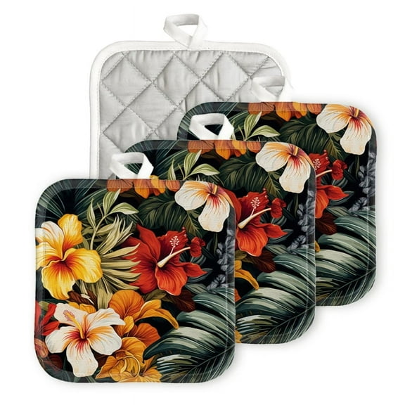 Bahomeck Pot Holder 4Pcs,Hawaiian Tropical Floral Pattern With Red And Yellow Flowers Square Heat Resistant Hot Pads For Kitchen Cooking Oven With Hanging Loop Potholder Easy To Store