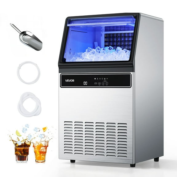 VEVOR Commercial Ice Maker Machine, 130Lbs/24H with 33Lbs Storage, 45 Cubes per Cycle, Stainless Steel Freestanding & Under Counter Ice Maker with LED Display & Self-Cleaning