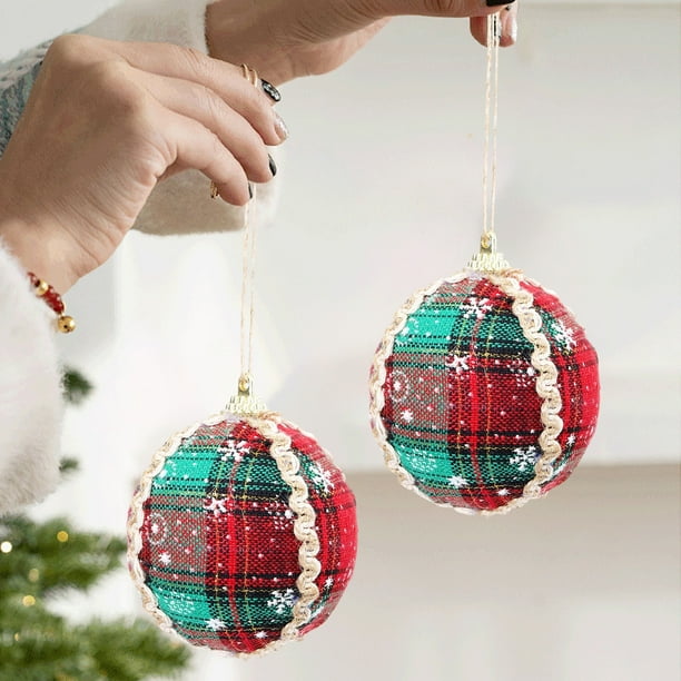 Adornos navideños, adornos envueltos en tela, bolas decorativas de cuadros con cuerda colgante, 6 cm para árbol navideño, celebración navideña