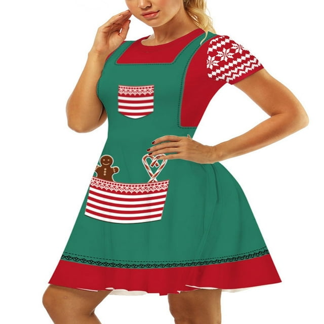 Robe de Noël pour Femmes à Manches Courtes Robe de Dessin Animé pour les Vêtements de Fête de Vacances